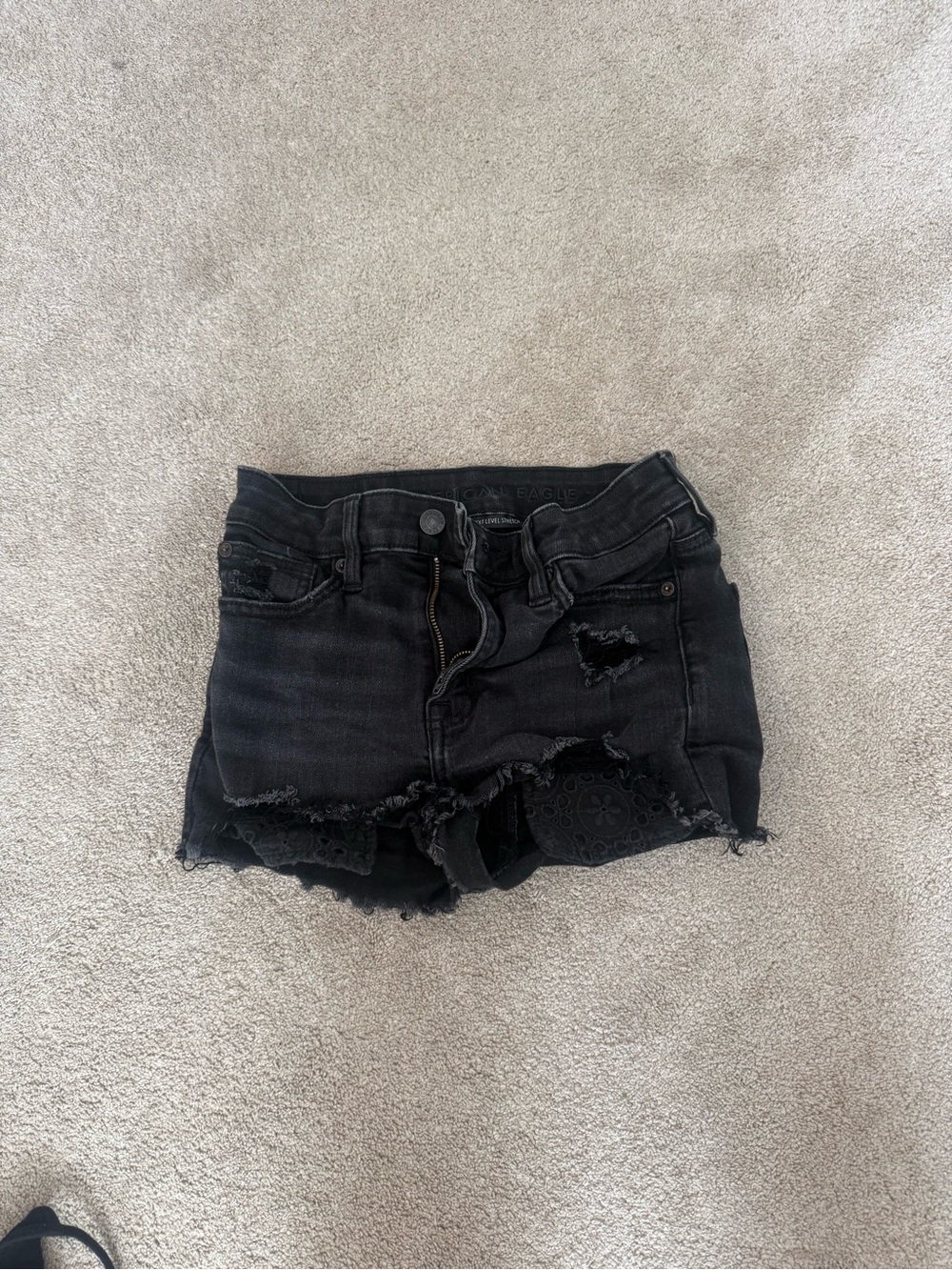 American Eagle Outfitters Black Distressed Lace-Trim Jean Shorts
